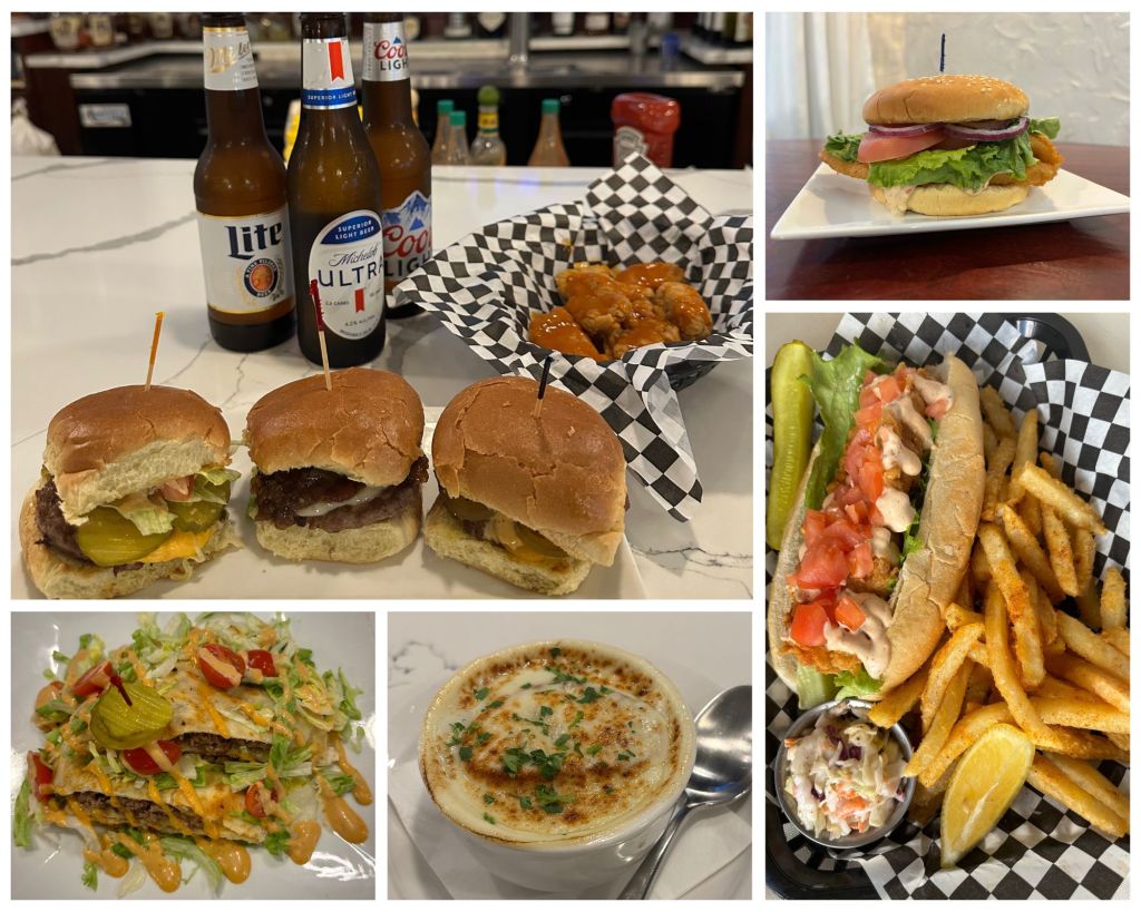 Collage of images showing lunch at Venetian Bay Bar & Grill. Various photos of sliders, hamburgers, fries, wings, and sandwiches.