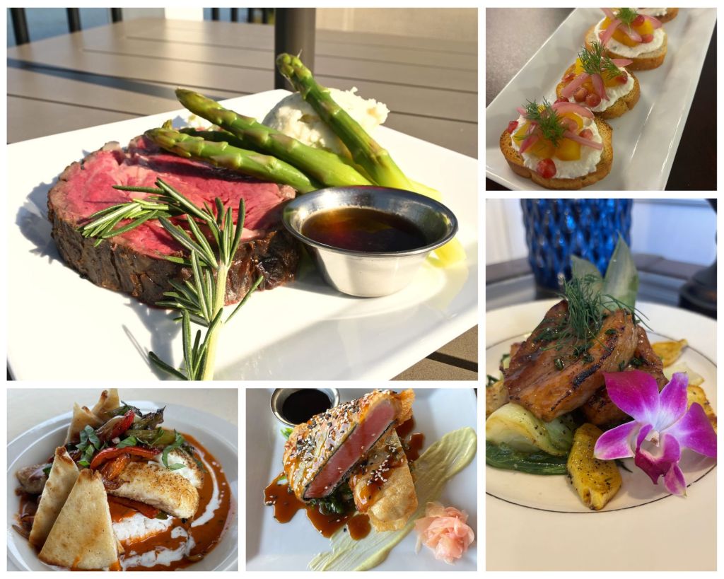 Collage of images showing dinner at Venetian Bay Bar & Grill. Various photos of steaks, pastas, and various entrees.